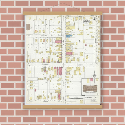 Old map wall art mockup — magnetic wood frame on brick wall — Sanborn Fire Insurance Map from Hubbard, Trumbull County, Ohio (1921), Sheet #0002