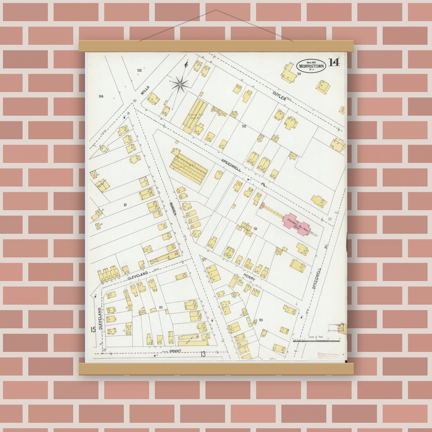 Old map wall art mockup — magnetic wood frame on brick wall — Sanborn Fire Insurance Map from Morristown, Morris County, New Jersey (1901), Sheet #0014