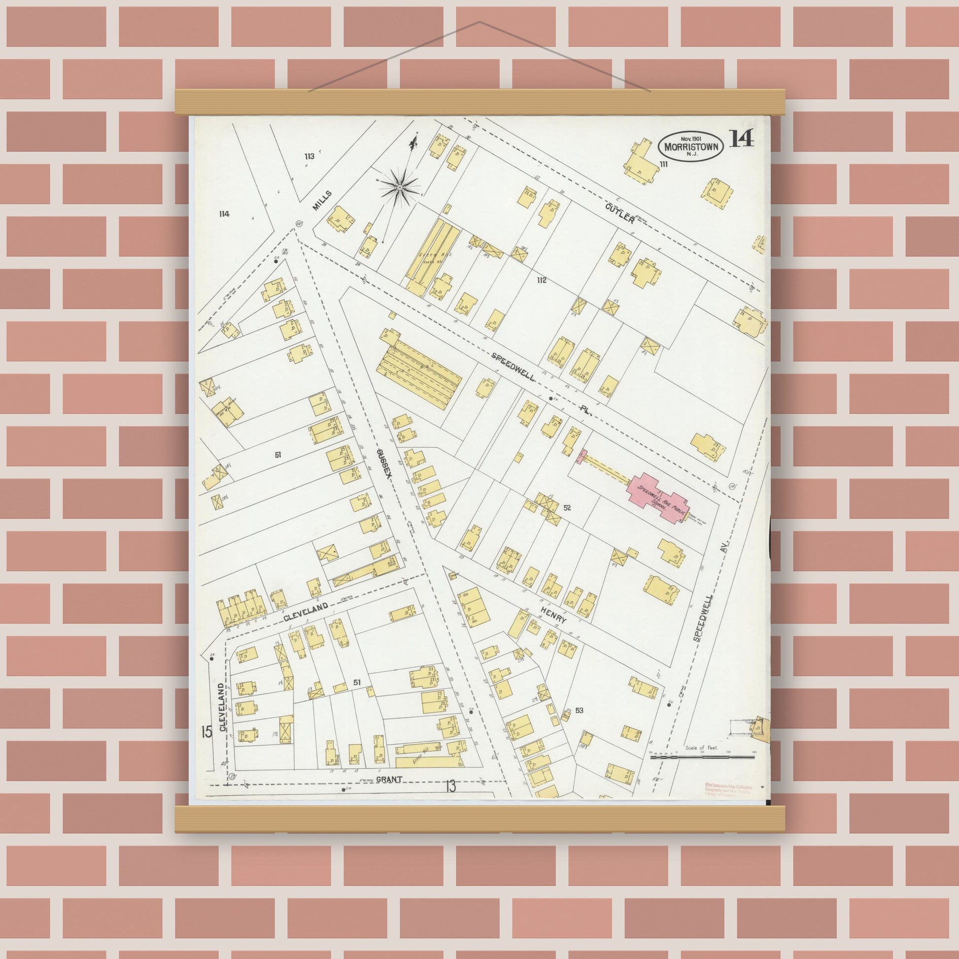 Old map wall art mockup — magnetic wood frame on brick wall — Sanborn Fire Insurance Map from Morristown, Morris County, New Jersey (1901), Sheet #0014