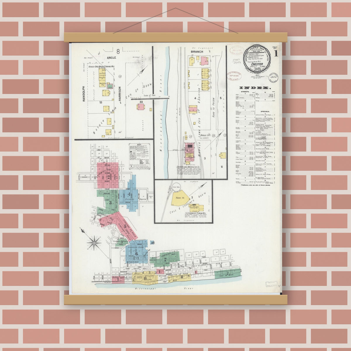 Old map wall art mockup — magnetic wood frame on brick wall — Sanborn Fire Insurance Map from Chester, Randolph County, Illinois (1899) - Complete Map Set