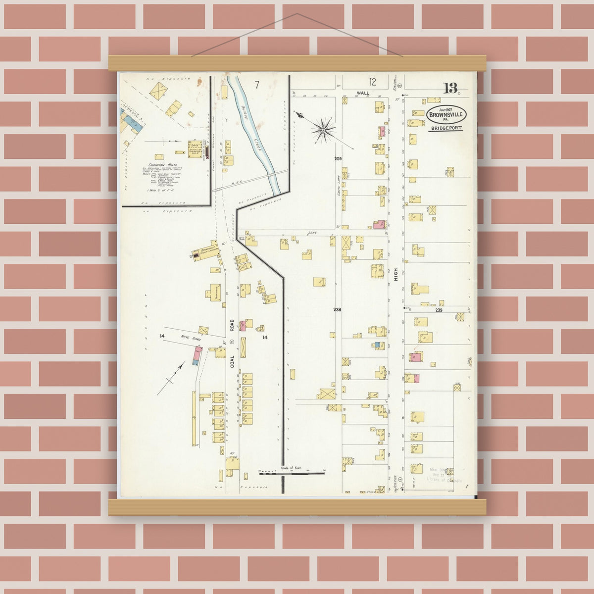 Old map wall art mockup — magnetic wood frame on brick wall — Sanborn Fire Insurance Map from Brownsville, Fayette County, Pennsylvania (1907), Sheet #0013