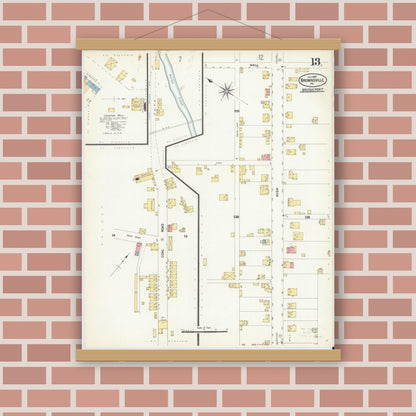 Old map wall art mockup — magnetic wood frame on brick wall — Sanborn Fire Insurance Map from Brownsville, Fayette County, Pennsylvania (1907), Sheet #0013
