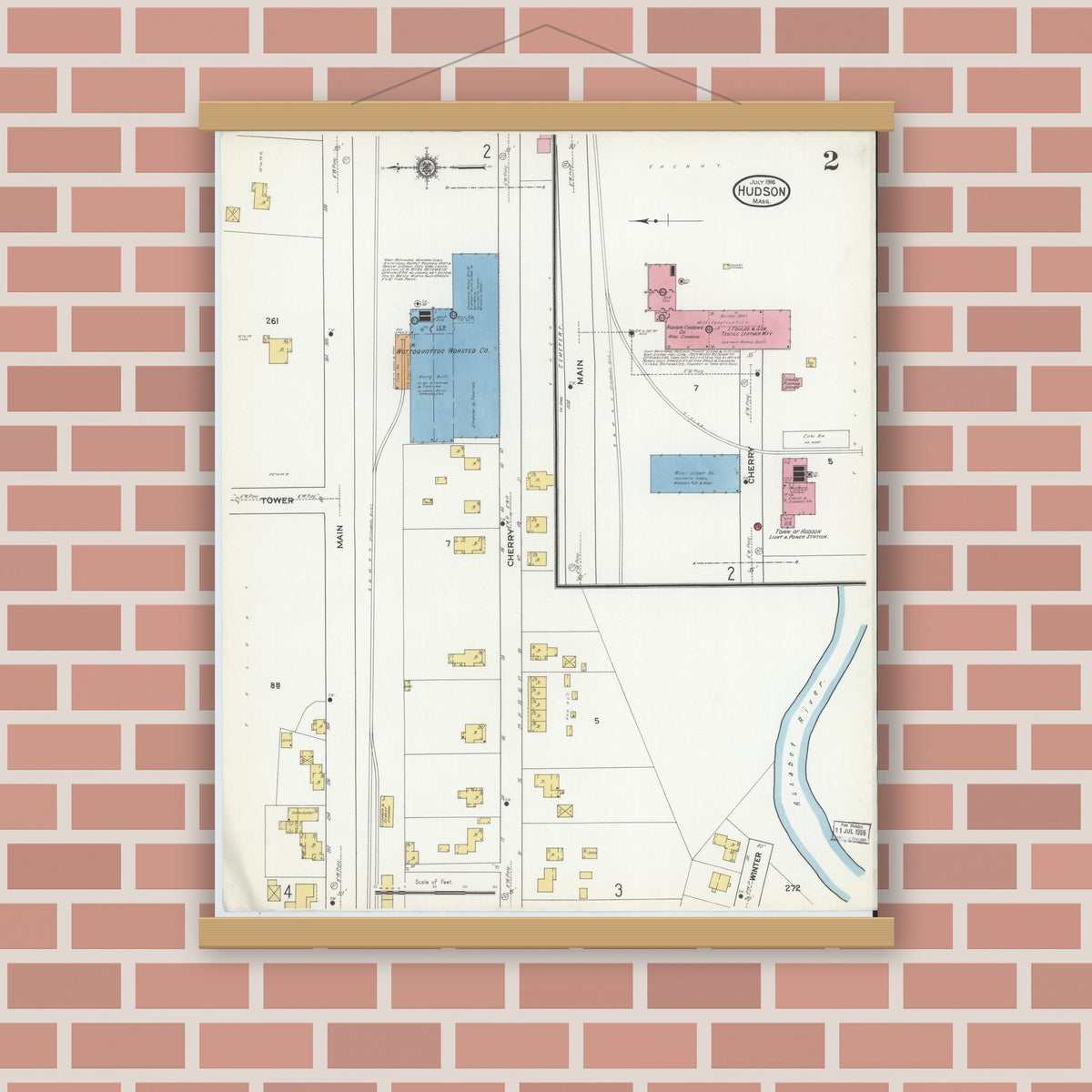 Old map wall art mockup — magnetic wood frame on brick wall — Sanborn Fire Insurance Map from Hudson, Middlesex County, Massachusetts (1916), Sheet #0002