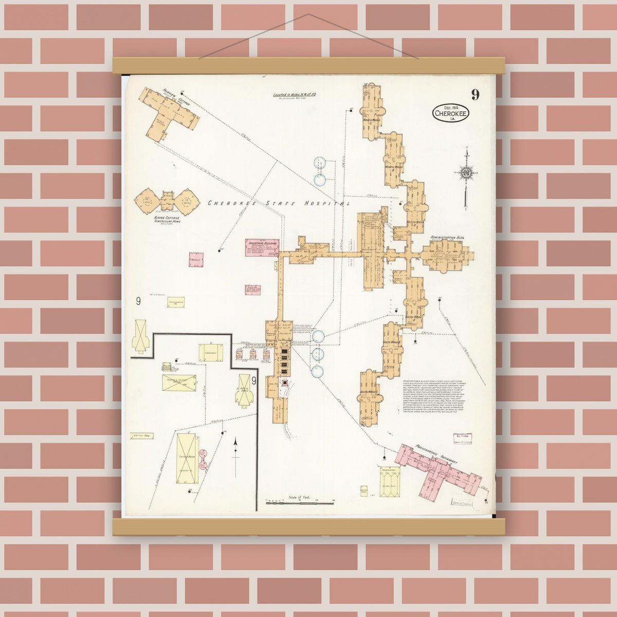 Old map wall art mockup — magnetic wood frame on brick wall — Sanborn Fire Insurance Map from Cherokee, Cherokee County, Iowa (1914), Sheet #0009