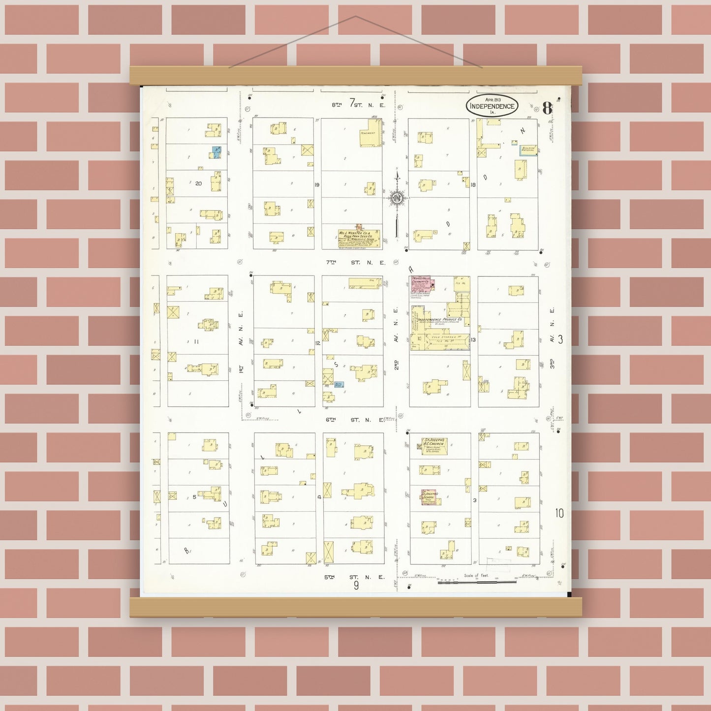Old map wall art mockup — magnetic wood frame on brick wall — Sanborn Fire Insurance Map from Independence, Buchanan County, Iowa (1913), Sheet #0008
