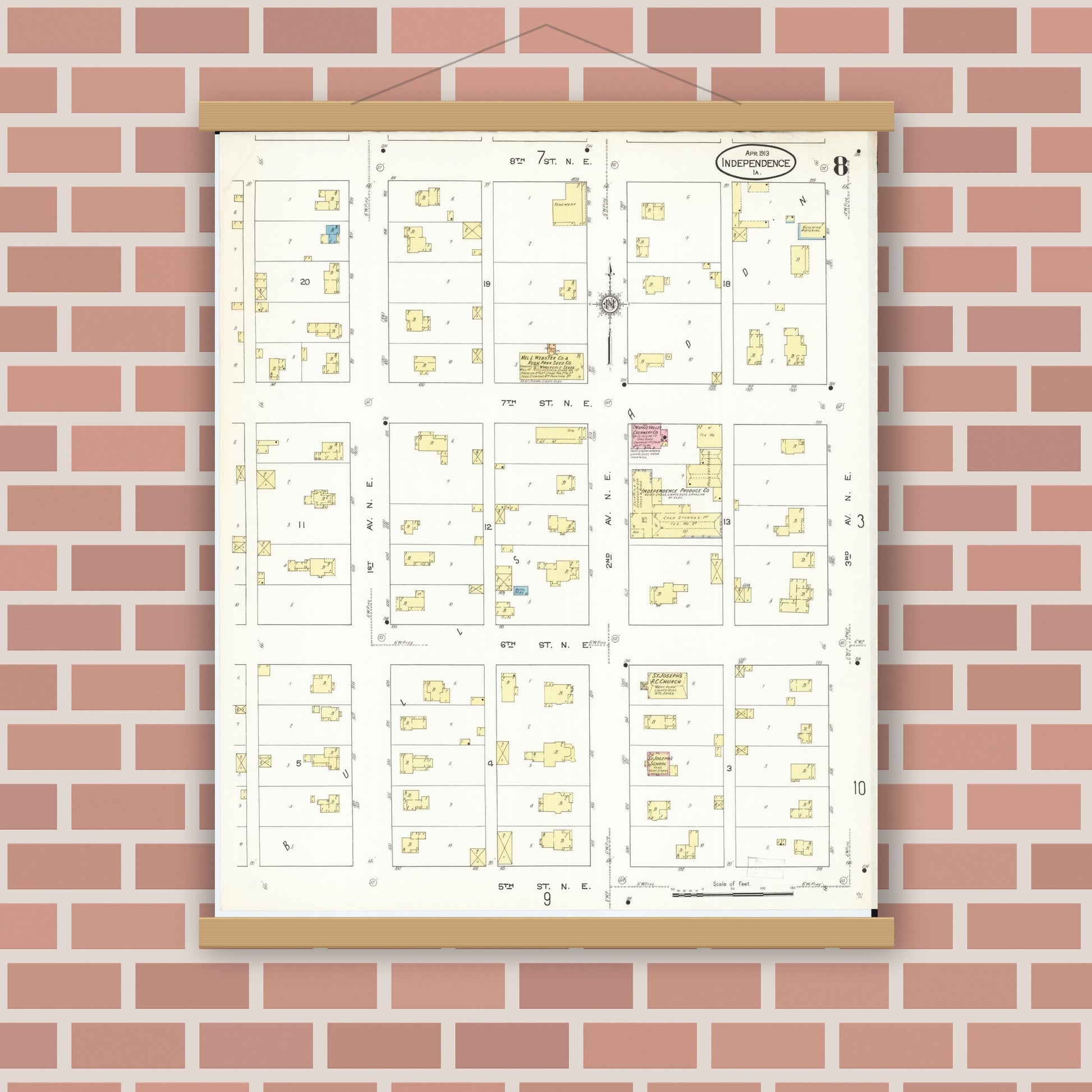 Old map wall art mockup — magnetic wood frame on brick wall — Sanborn Fire Insurance Map from Independence, Buchanan County, Iowa (1913), Sheet #0008