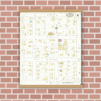 Old map wall art mockup — magnetic wood frame on brick wall — Sanborn Fire Insurance Map from Independence, Buchanan County, Iowa (1913), Sheet #0008