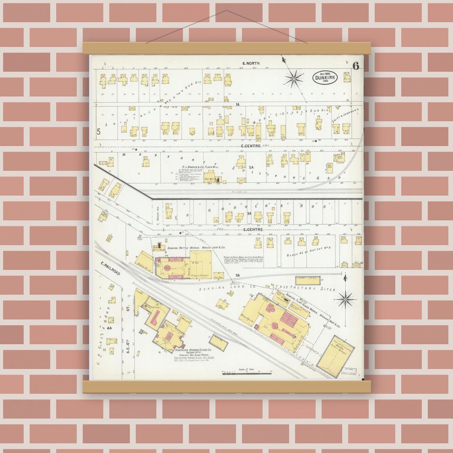 Old map wall art mockup — magnetic wood frame on brick wall — Sanborn Fire Insurance Map from Dunkirk, Jay And Blackford Counties, Indiana (1900), Sheet #0006