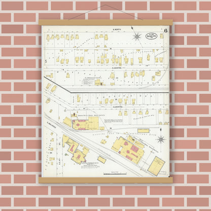Old map wall art mockup — magnetic wood frame on brick wall — Sanborn Fire Insurance Map from Dunkirk, Jay And Blackford Counties, Indiana (1900), Sheet #0006