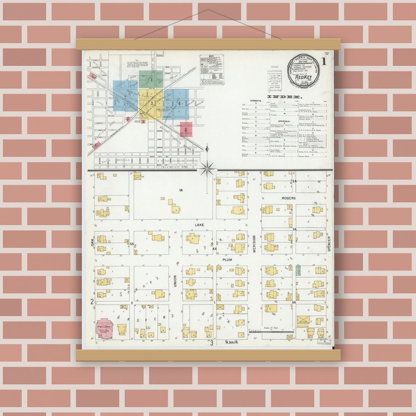 Old map wall art mockup — magnetic wood frame on brick wall — Sanborn Fire Insurance Map from Redkey, Jay County, Indiana (1900), Sheet #0001