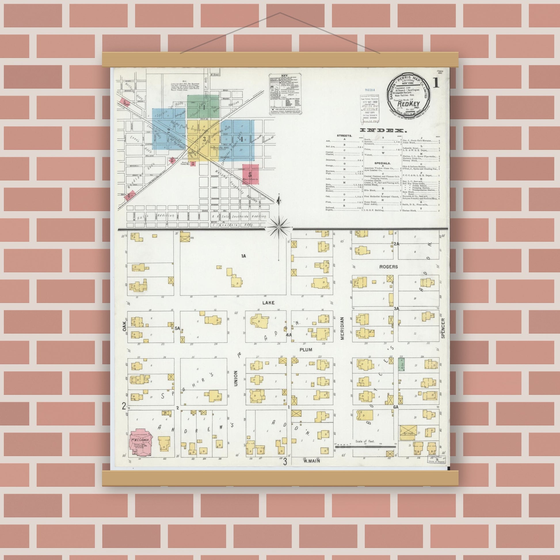 Old map wall art mockup — magnetic wood frame on brick wall — Sanborn Fire Insurance Map from Redkey, Jay County, Indiana (1900), Sheet #0001