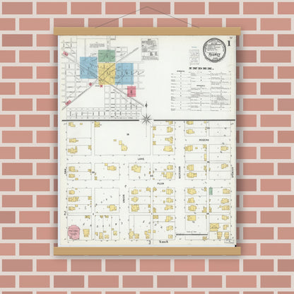 Old map wall art mockup — magnetic wood frame on brick wall — Sanborn Fire Insurance Map from Redkey, Jay County, Indiana (1900), Sheet #0001