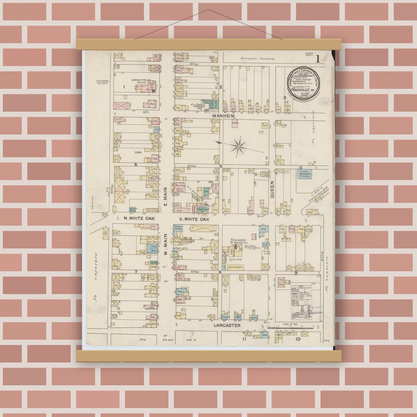 Old map wall art mockup — magnetic wood frame on brick wall — Sanborn Fire Insurance Map from Annville, Lebanon County, Pennsylvania (1887) - Complete Map Set