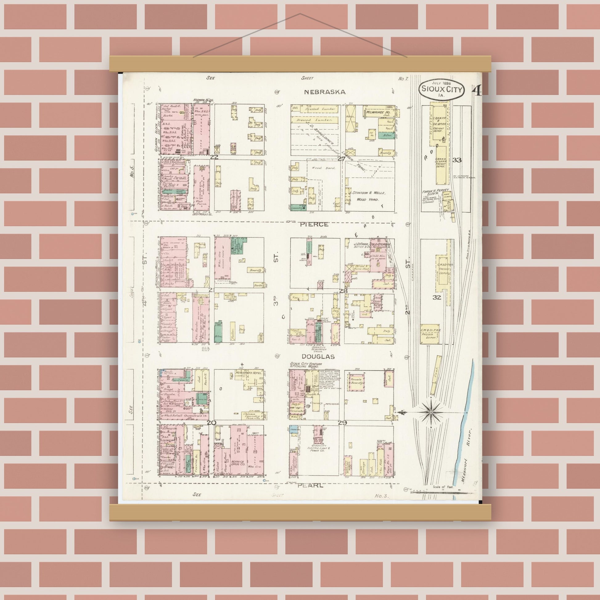 Old map wall art mockup — magnetic wood frame on brick wall — Sanborn Fire Insurance Map from Sioux City, Woodbury County, Iowa (1886), Sheet #0004