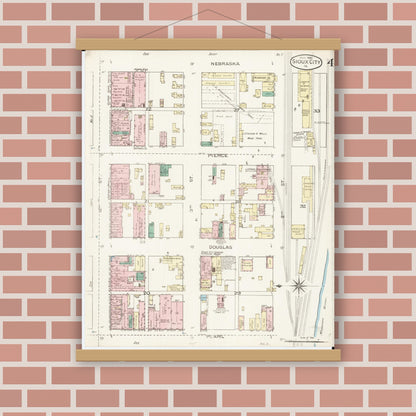 Old map wall art mockup — magnetic wood frame on brick wall — Sanborn Fire Insurance Map from Sioux City, Woodbury County, Iowa (1886), Sheet #0004