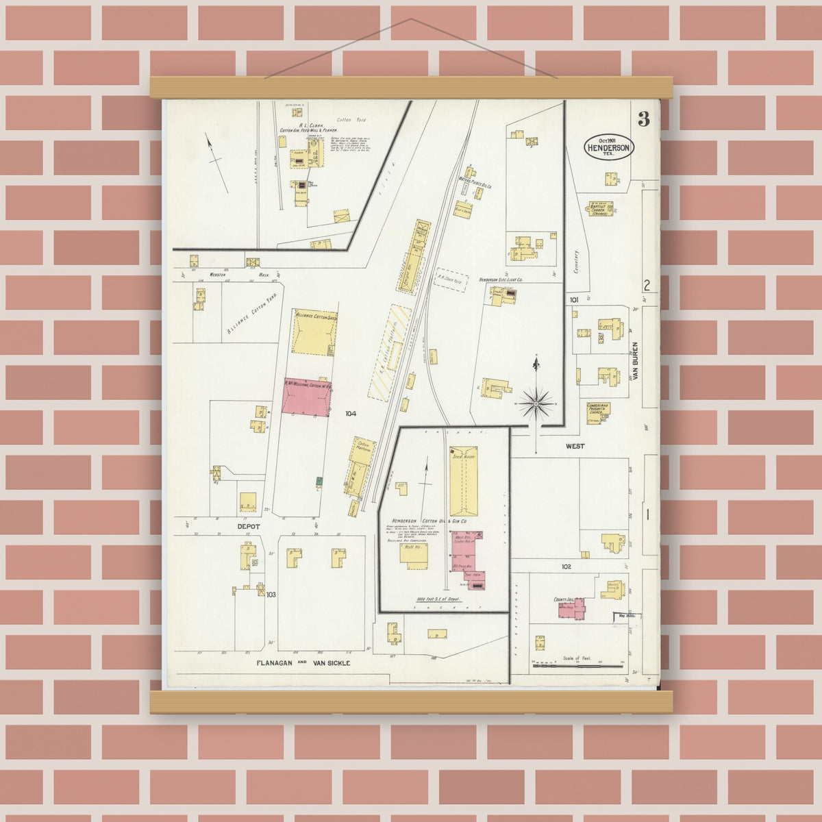 Old map wall art mockup — magnetic wood frame on brick wall — Sanborn Fire Insurance Map from Henderson, Rusk County, Texas (1901), Sheet #0003