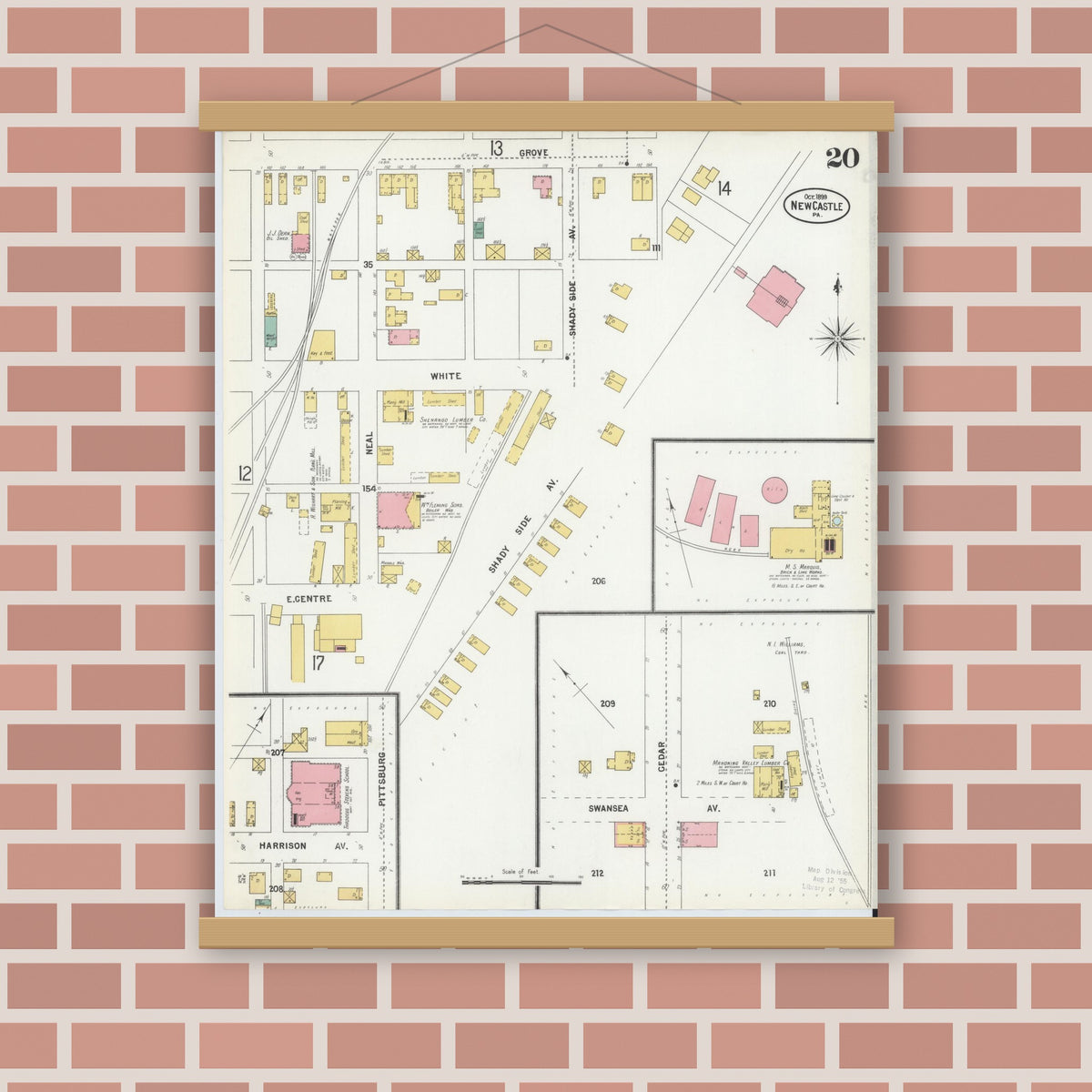 Old map wall art mockup — magnetic wood frame on brick wall — Sanborn Fire Insurance Map from New Castle, Lawrence County, Pennsylvania (1899), Sheet #0020
