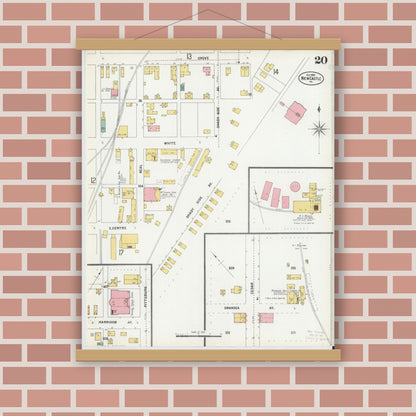 Old map wall art mockup — magnetic wood frame on brick wall — Sanborn Fire Insurance Map from New Castle, Lawrence County, Pennsylvania (1899), Sheet #0020