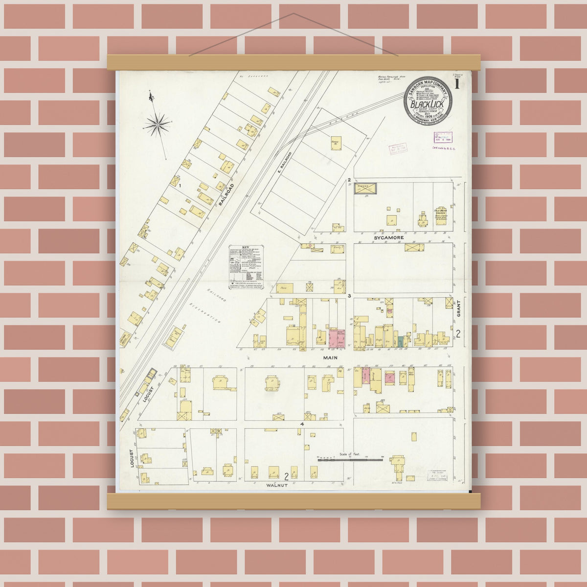 Old map wall art mockup — magnetic wood frame on brick wall — Sanborn Fire Insurance Map from Black Lick, Indiana County, Pennsylvania (1909), Sheet #0001