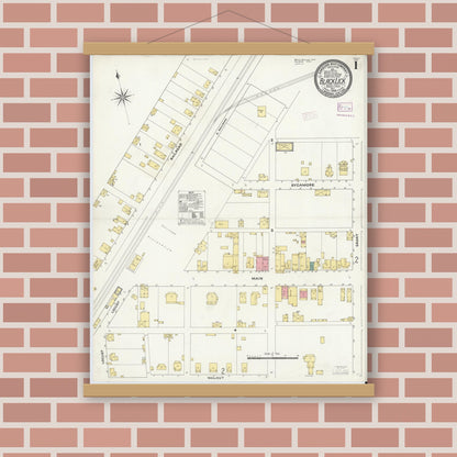 Old map wall art mockup — magnetic wood frame on brick wall — Sanborn Fire Insurance Map from Black Lick, Indiana County, Pennsylvania (1909), Sheet #0001