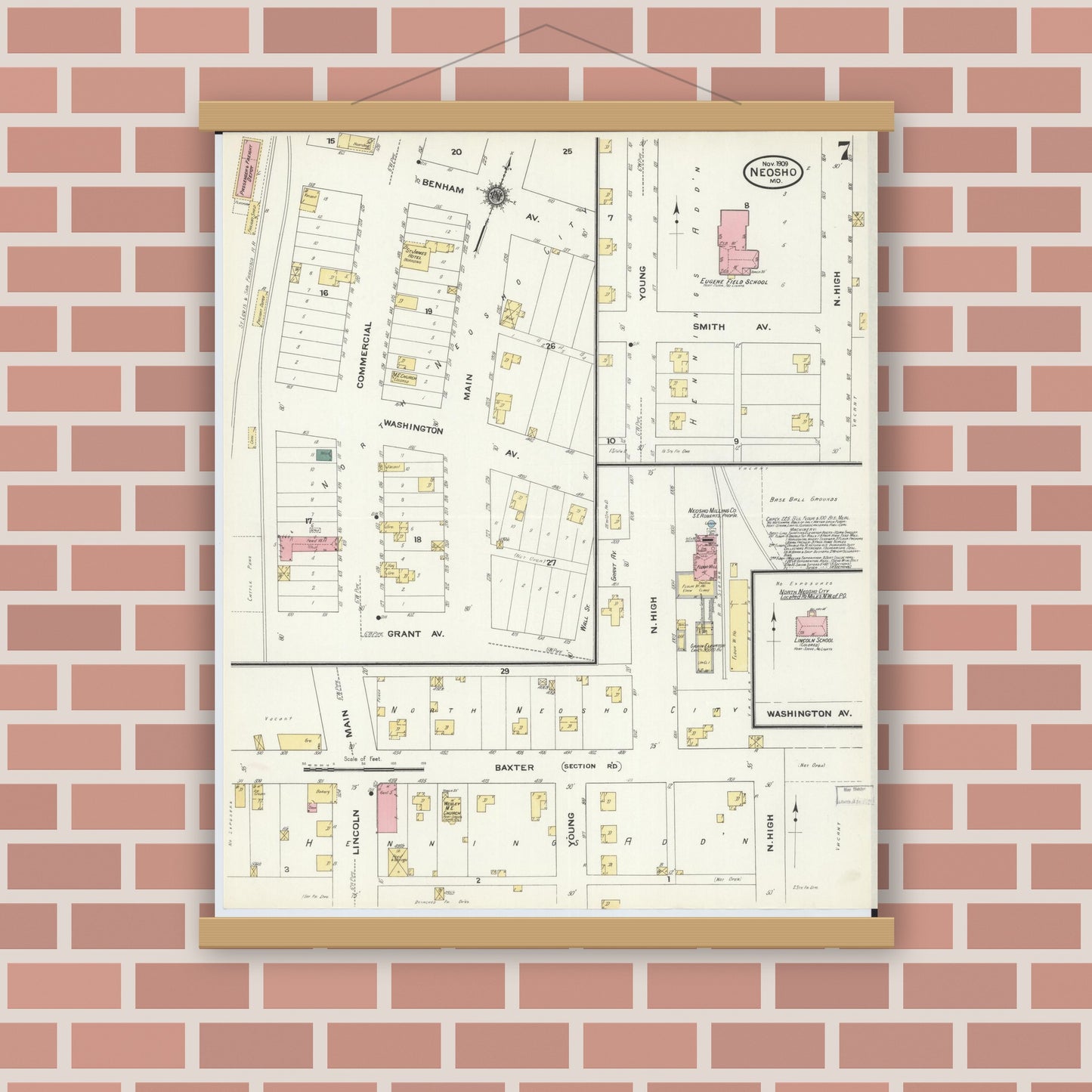 Old map wall art mockup — magnetic wood frame on brick wall — Sanborn Fire Insurance Map from Neosho, Newton County, Missouri (1909), Sheet #0007