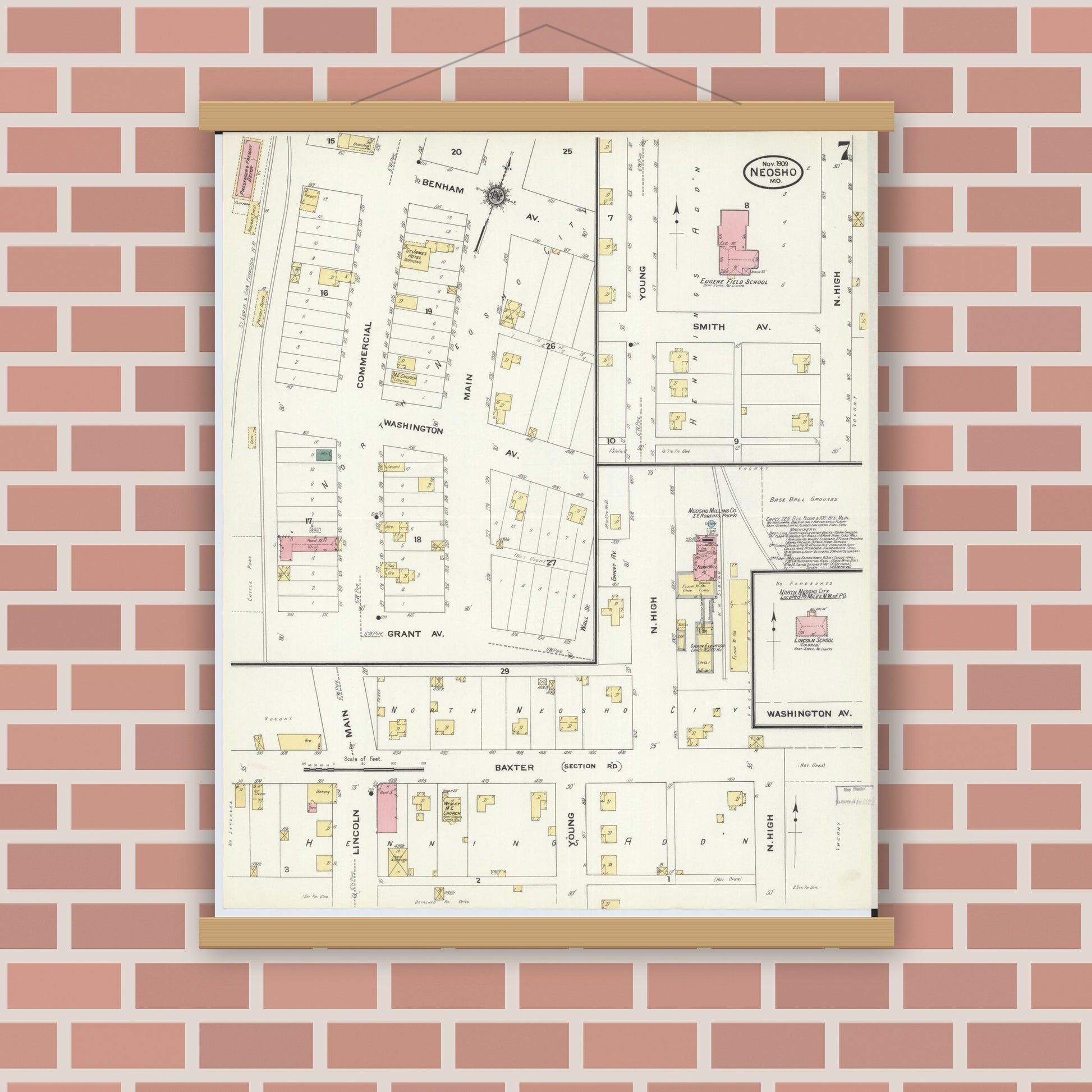 Old map wall art mockup — magnetic wood frame on brick wall — Sanborn Fire Insurance Map from Neosho, Newton County, Missouri (1909), Sheet #0007