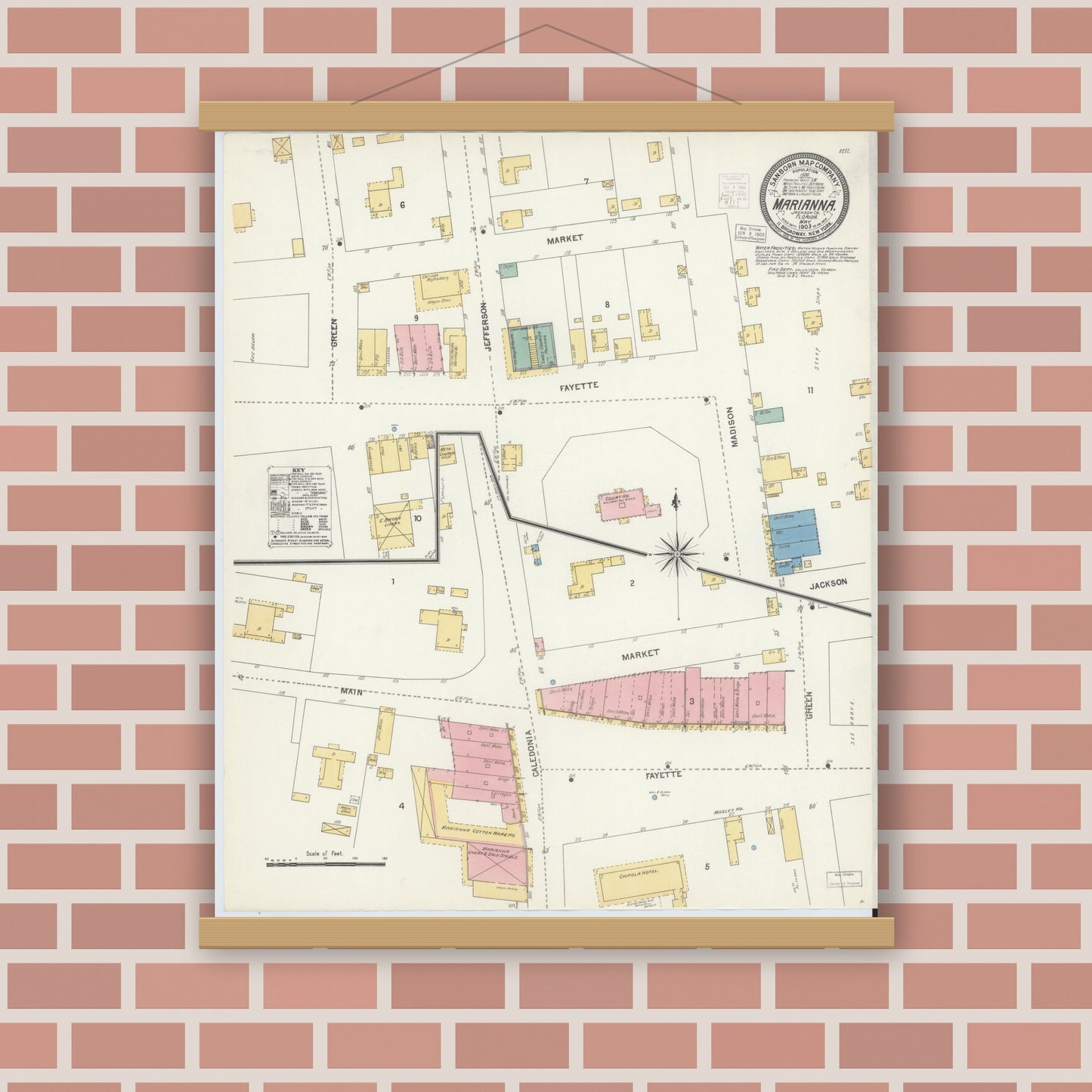 Old map wall art mockup — magnetic wood frame on brick wall — Sanborn Fire Insurance Map from Marianna, Jackson County, Florida (1903), Sheet #0001
