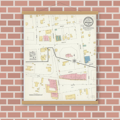Old map wall art mockup — magnetic wood frame on brick wall — Sanborn Fire Insurance Map from Marianna, Jackson County, Florida (1903), Sheet #0001