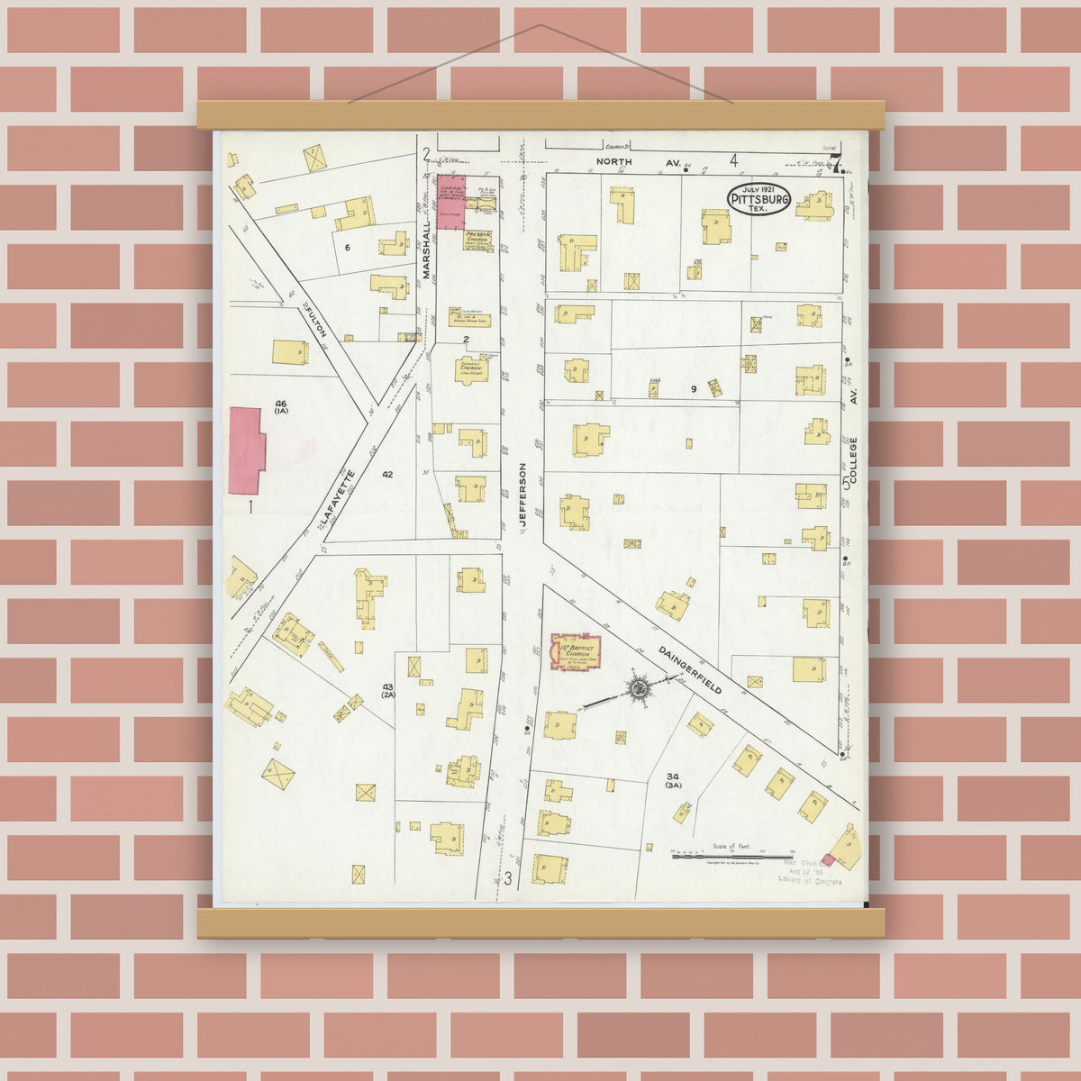 Old map wall art mockup — magnetic wood frame on brick wall — Sanborn Fire Insurance Map from Pittsburg, Camp County, Texas (1921), Sheet #0007