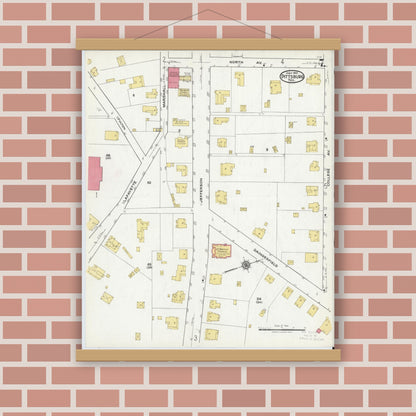 Old map wall art mockup — magnetic wood frame on brick wall — Sanborn Fire Insurance Map from Pittsburg, Camp County, Texas (1921), Sheet #0007