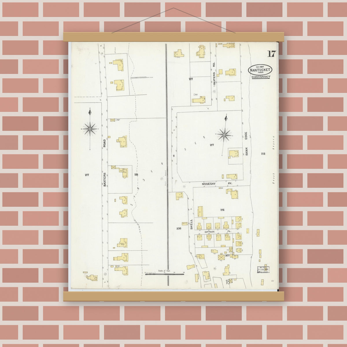 Old map wall art mockup — magnetic wood frame on brick wall — Sanborn Fire Insurance Map from Nantucket, Nantucket County, Massachusetts (1904), Sheet #0017