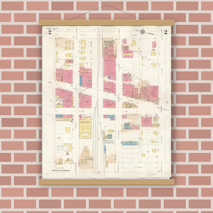 Old map wall art mockup — magnetic wood frame on brick wall — Sanborn Fire Insurance Map from Monroe City, Monroe County, Missouri (1943), Sheet #0002