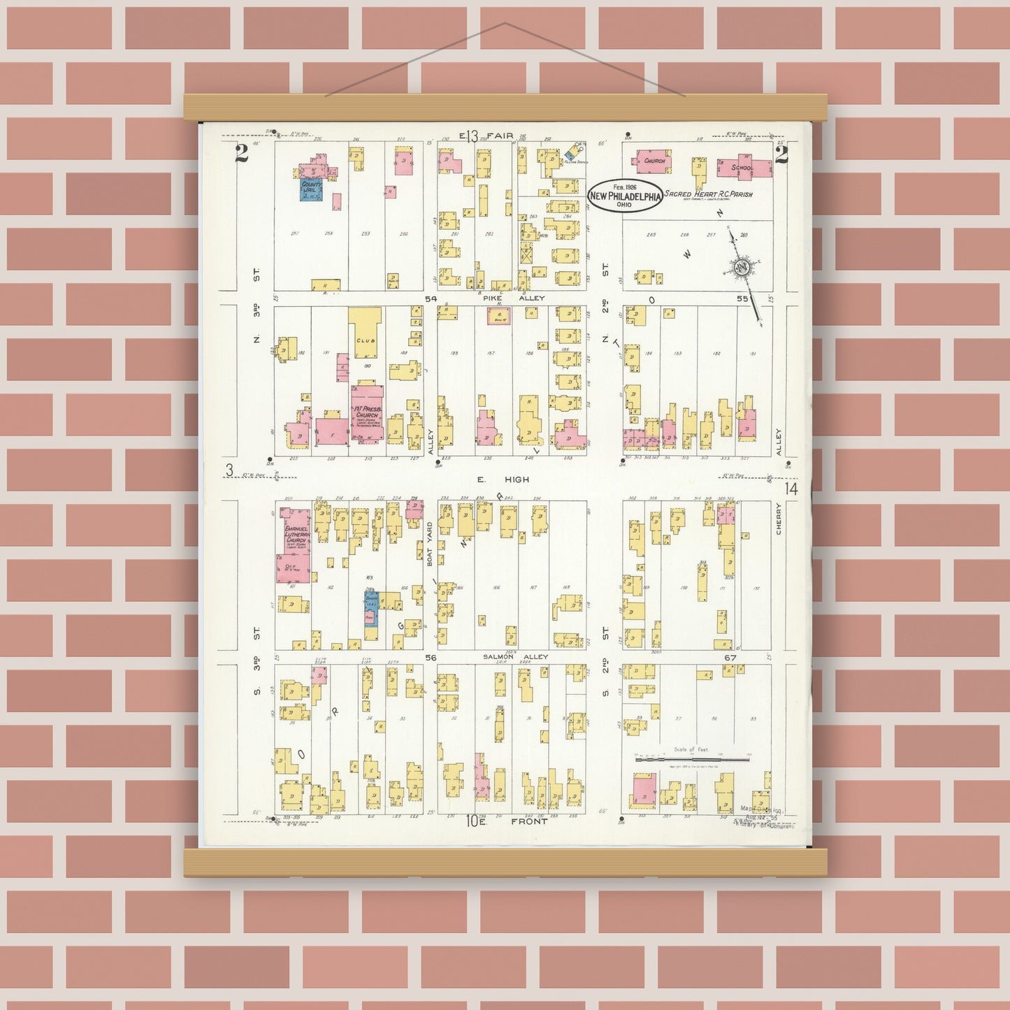 Old map wall art mockup — magnetic wood frame on brick wall — Sanborn Fire Insurance Map from New Philadelphia, Tuscarawas County, Ohio (1926), Sheet #0002