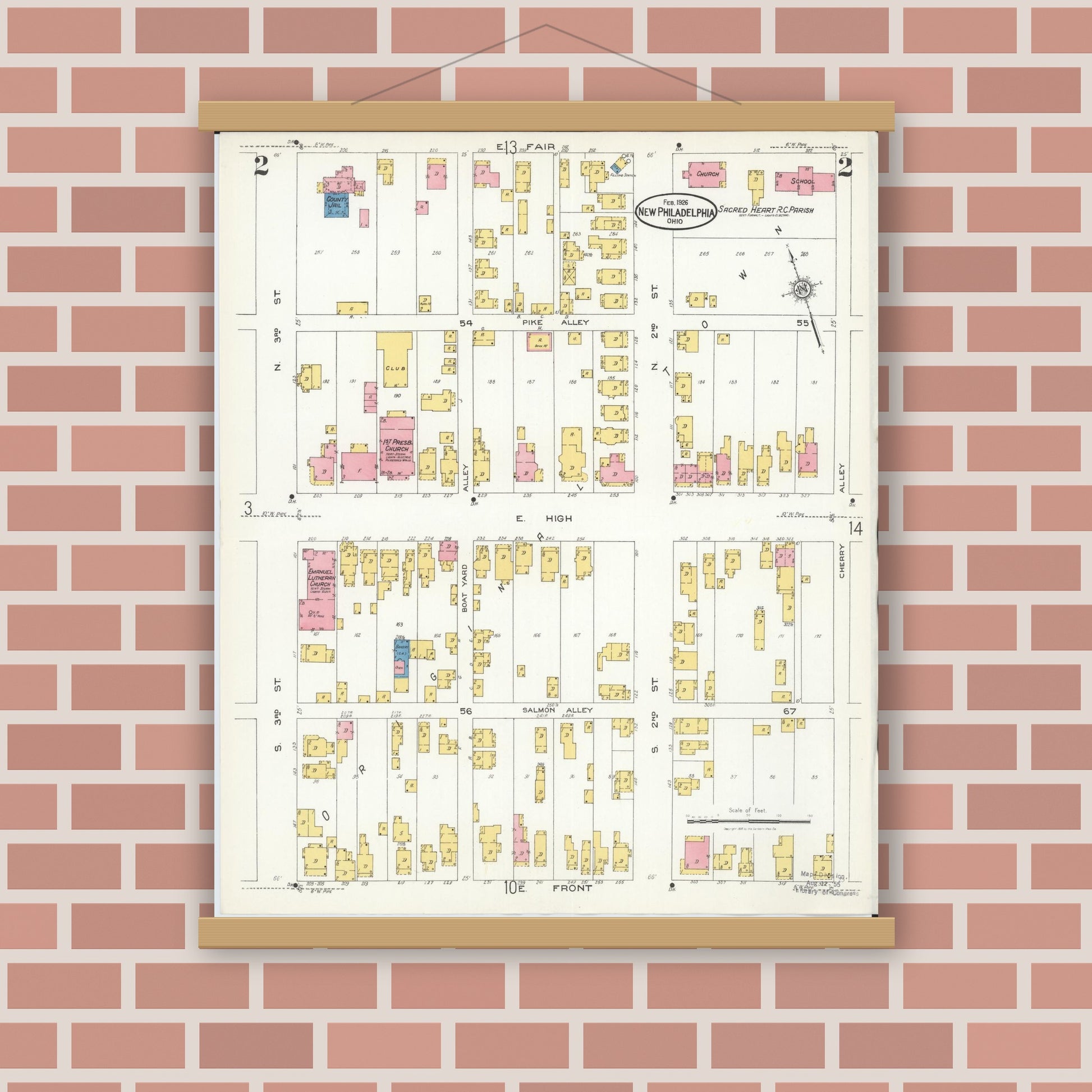 Old map wall art mockup — magnetic wood frame on brick wall — Sanborn Fire Insurance Map from New Philadelphia, Tuscarawas County, Ohio (1926), Sheet #0002