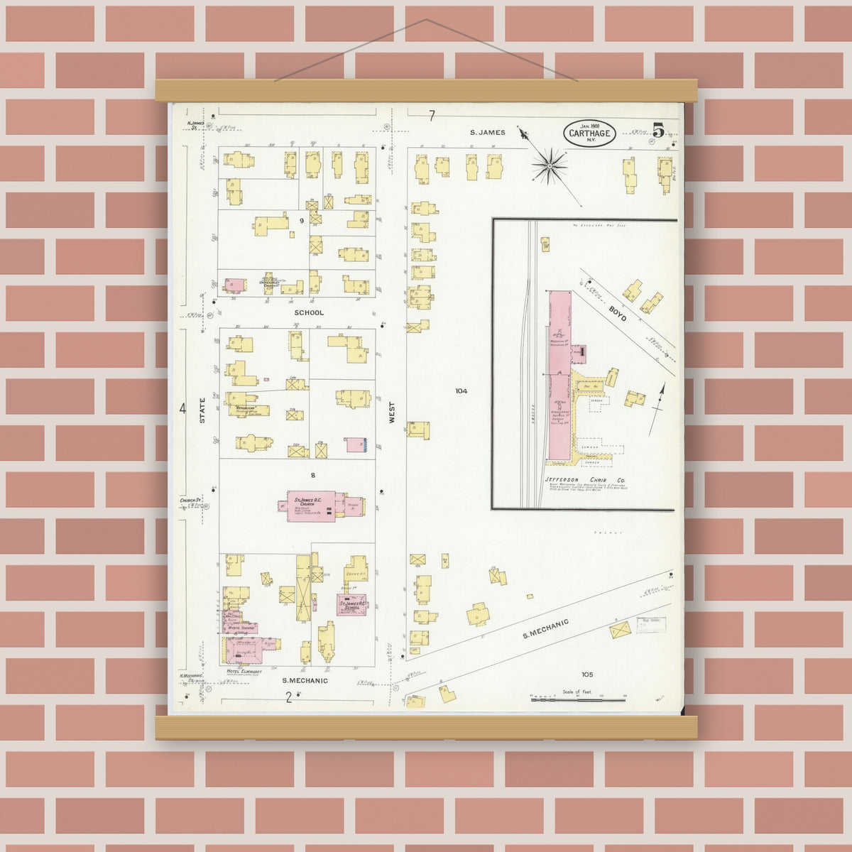 Old map wall art mockup — magnetic wood frame on brick wall — Sanborn Fire Insurance Map from Carthage, Jefferson County, New York (1908), Sheet #0005