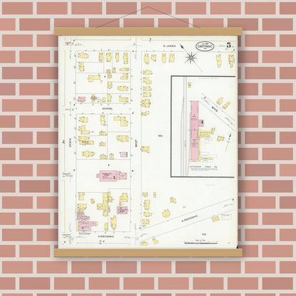 Old map wall art mockup — magnetic wood frame on brick wall — Sanborn Fire Insurance Map from Carthage, Jefferson County, New York (1908), Sheet #0005