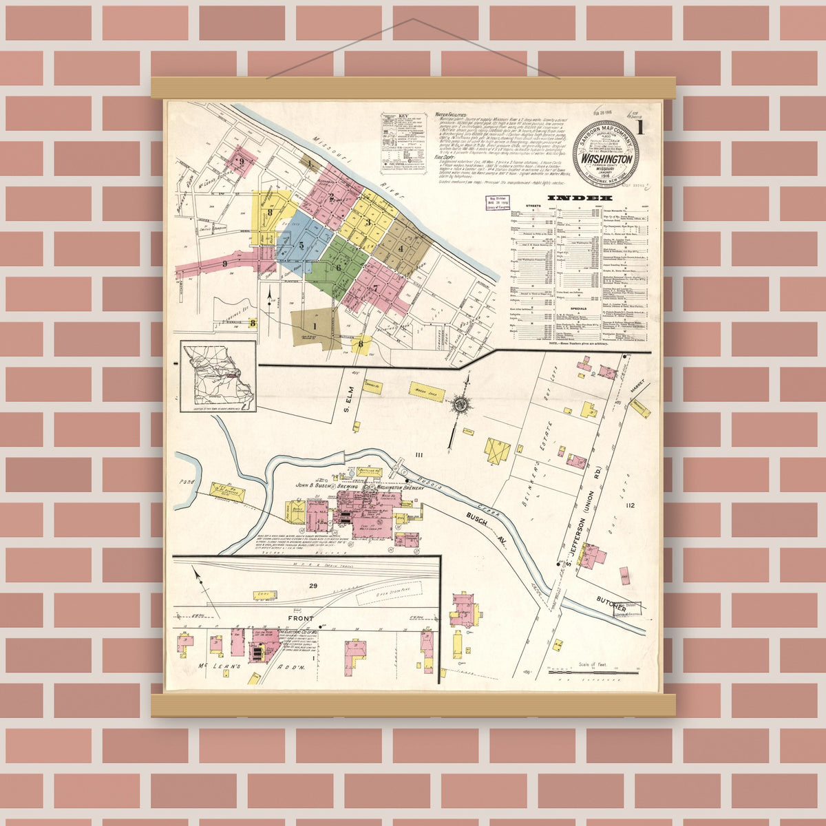 Old map wall art mockup — magnetic wood frame on brick wall — Sanborn Fire Insurance Map from Washington, Franklin County, Missouri (1916), Sheet #0001