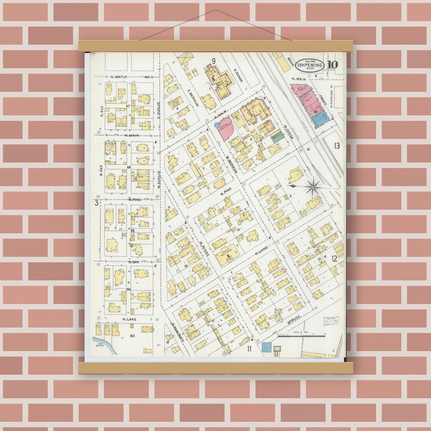Old map wall art mockup — magnetic wood frame on brick wall — Sanborn Fire Insurance Map from Ishpeming, Marquette County, Michigan (1904), Sheet #0010