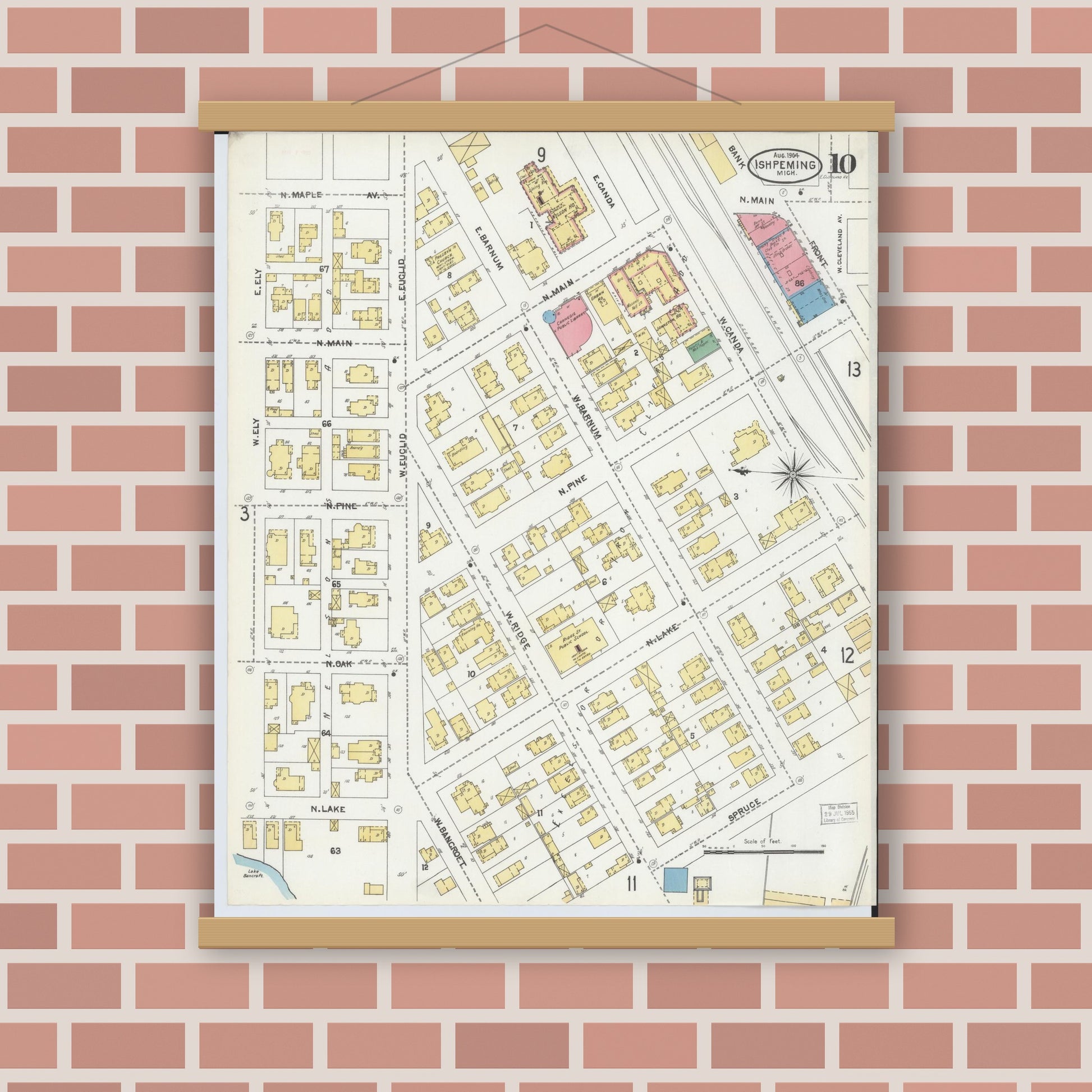 Old map wall art mockup — magnetic wood frame on brick wall — Sanborn Fire Insurance Map from Ishpeming, Marquette County, Michigan (1904), Sheet #0010