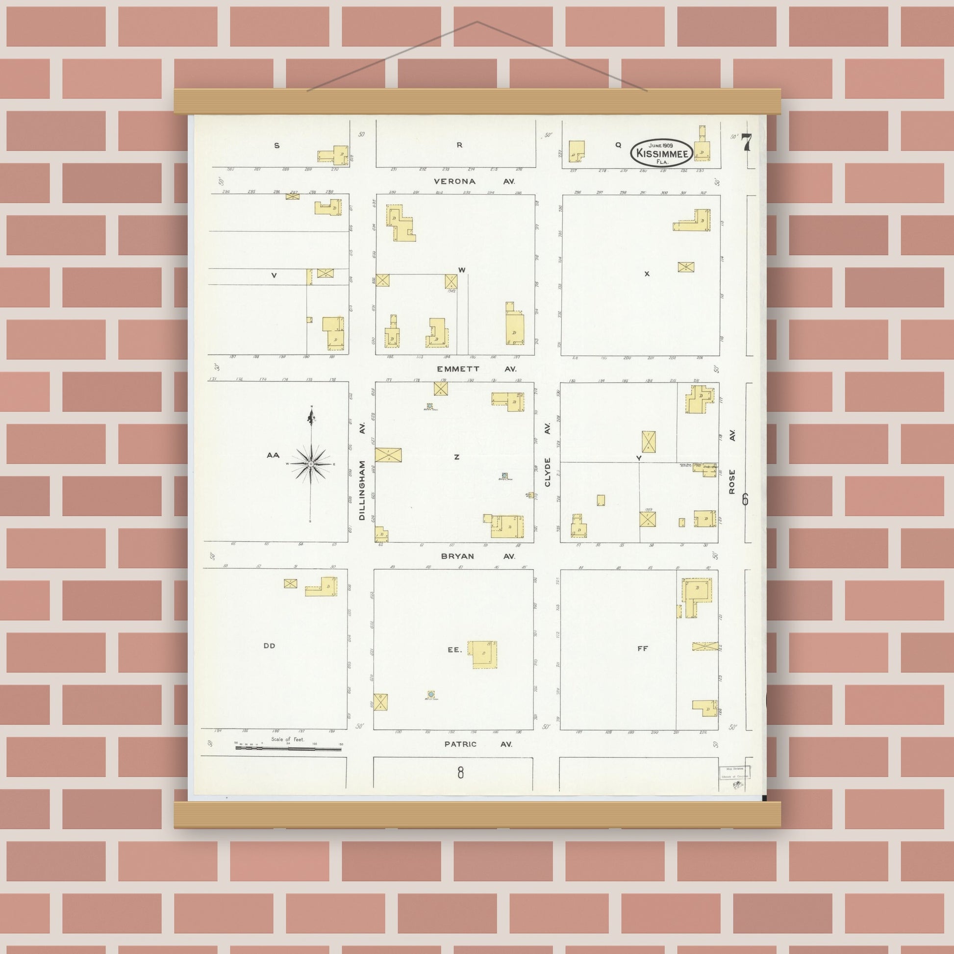 Old map wall art mockup — magnetic wood frame on brick wall — Sanborn Fire Insurance Map from Kissimmee, Osceola County, Florida (1909), Sheet #0007