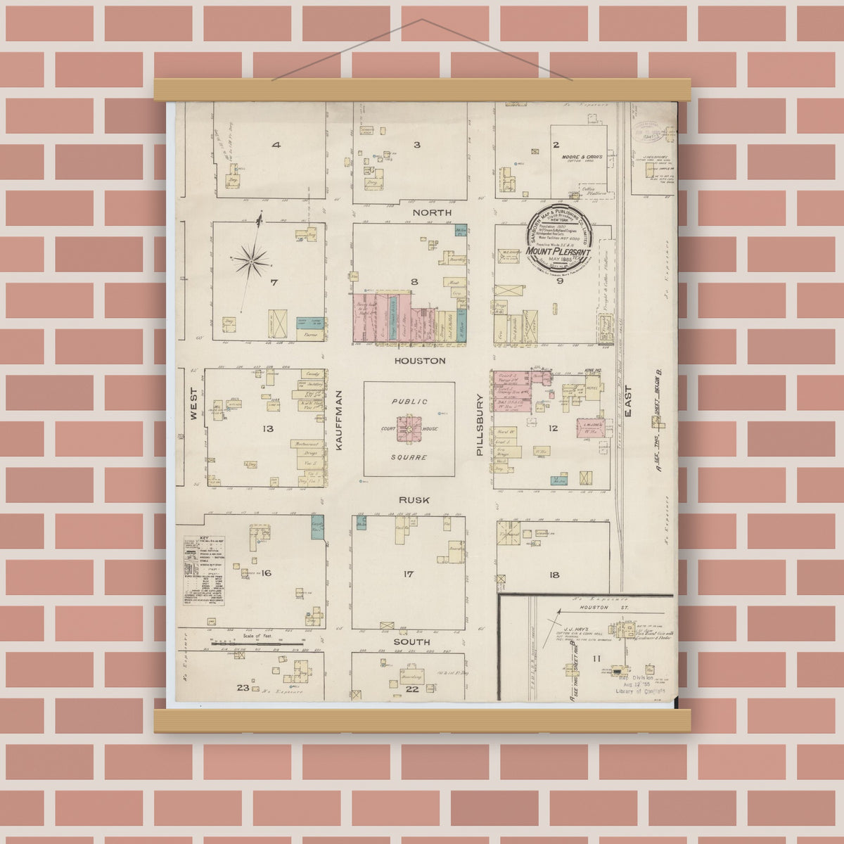 Old map wall art mockup — magnetic wood frame on brick wall — Sanborn Fire Insurance Map from Mount Pleasant, Titus County, Texas (1885), Sheet #0001