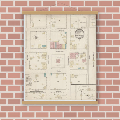 Old map wall art mockup — magnetic wood frame on brick wall — Sanborn Fire Insurance Map from Mount Pleasant, Titus County, Texas (1885), Sheet #0001