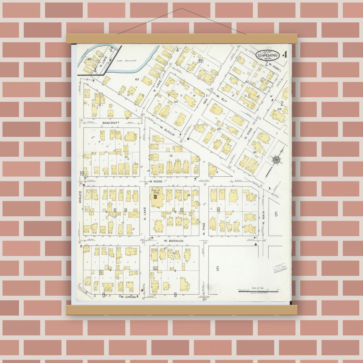Old map wall art mockup — magnetic wood frame on brick wall — Sanborn Fire Insurance Map from Ishpeming, Marquette County, Michigan (1917), Sheet #0004