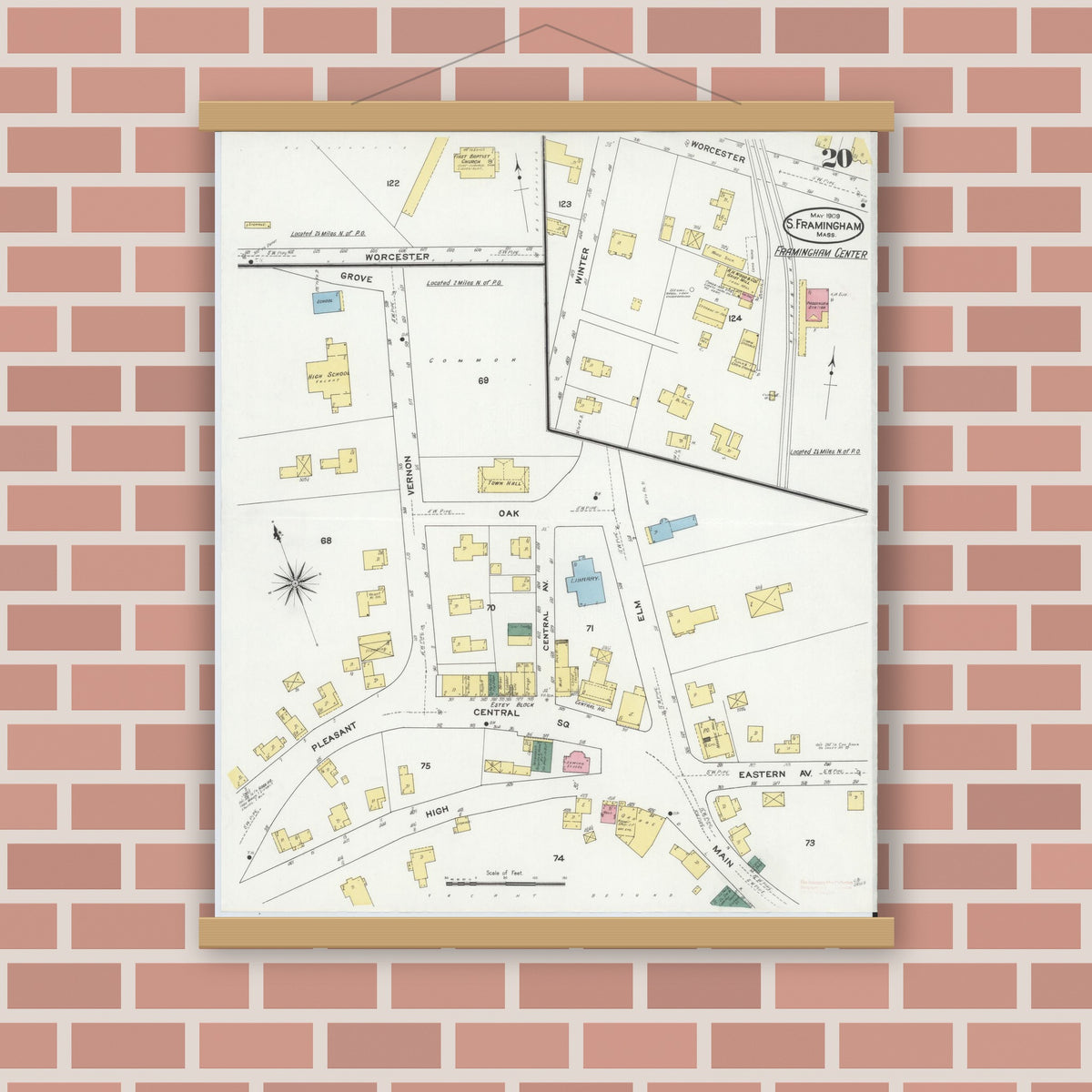 Old map wall art mockup — magnetic wood frame on brick wall — Sanborn Fire Insurance Map from South Farmington, Middlesex County, Massachusetts (1909), Sheet #0020