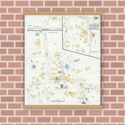 Old map wall art mockup — magnetic wood frame on brick wall — Sanborn Fire Insurance Map from South Farmington, Middlesex County, Massachusetts (1909), Sheet #0020