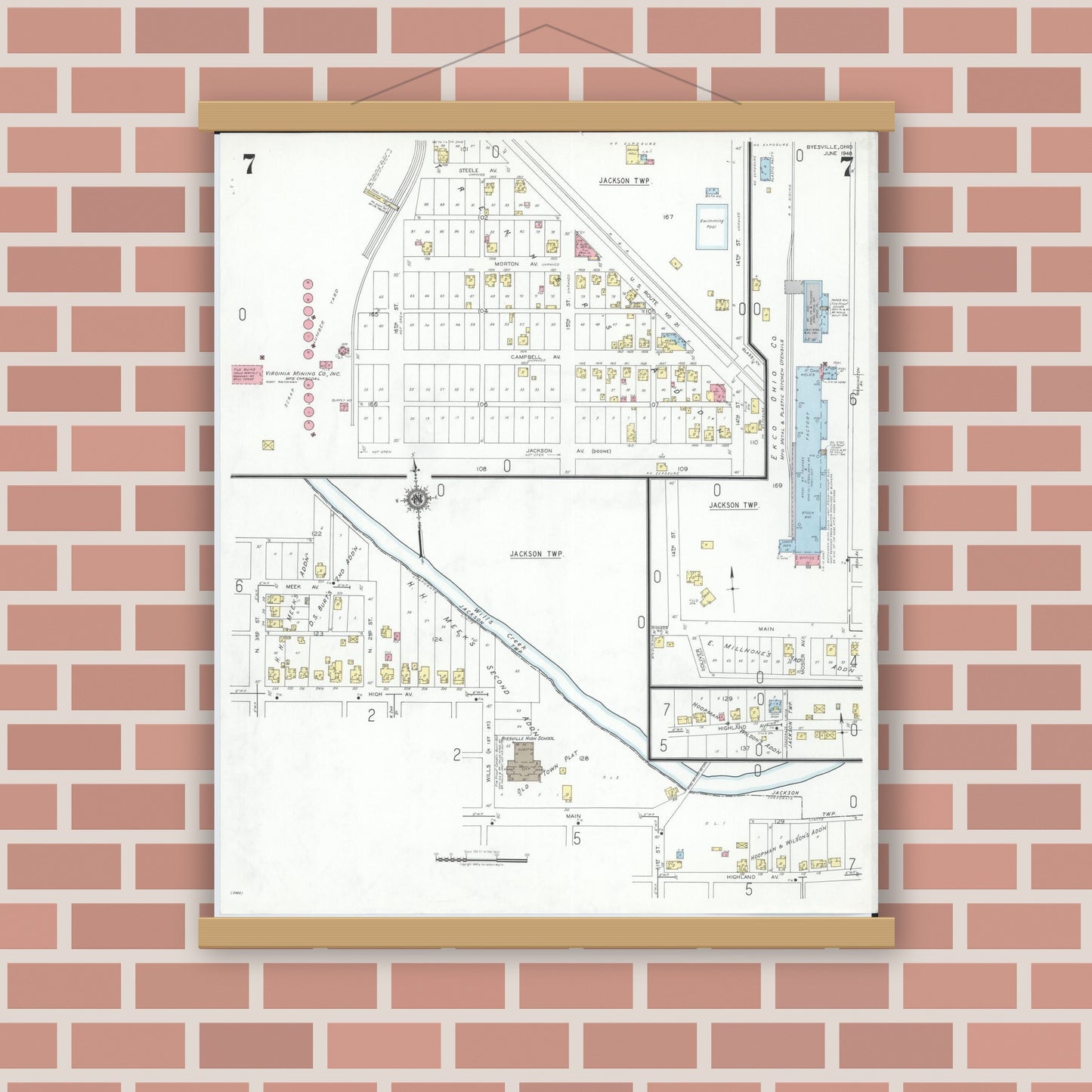Old map wall art mockup — magnetic wood frame on brick wall — Sanborn Fire Insurance Map from Byesville, Guernsey County, Ohio (1948), Sheet #0007
