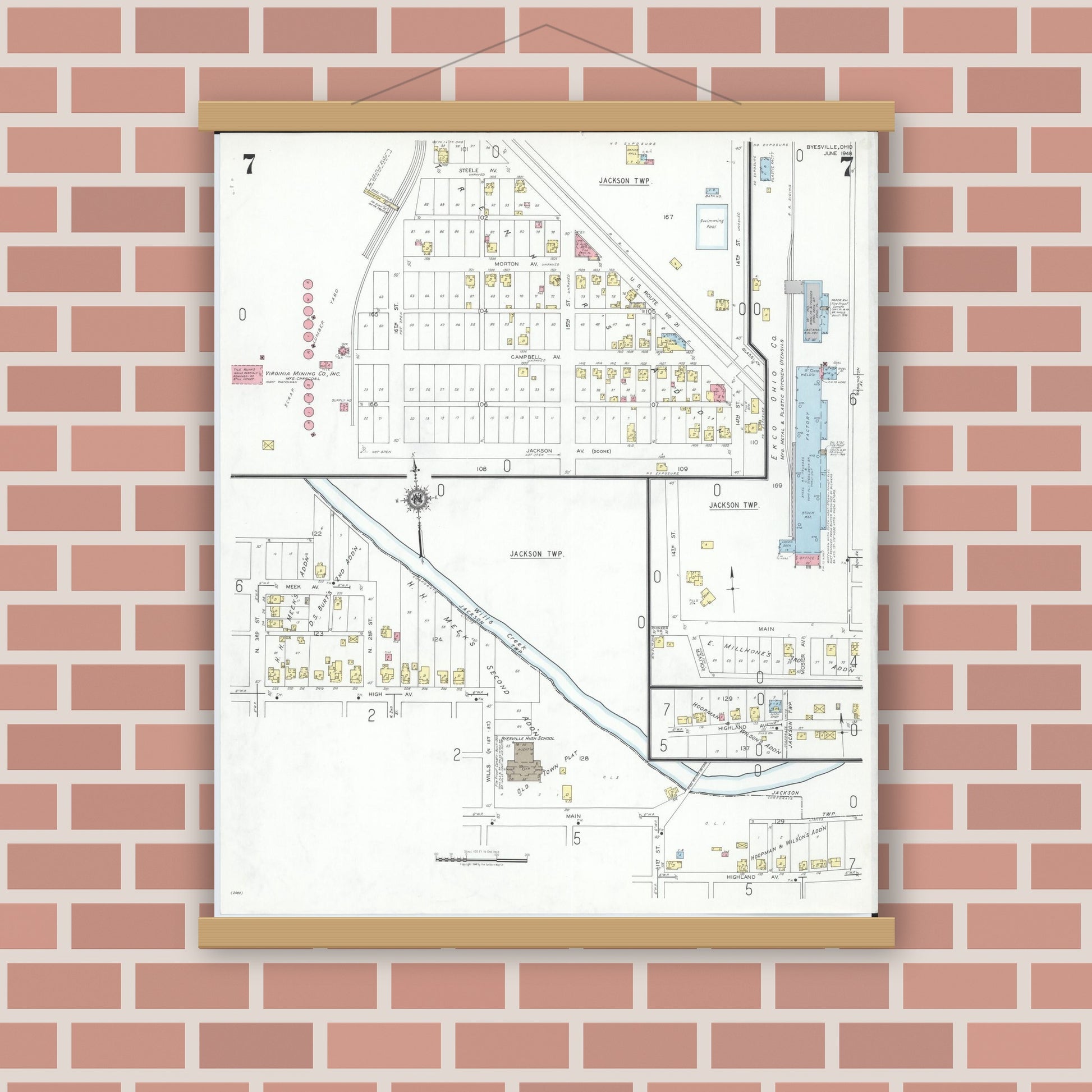Old map wall art mockup — magnetic wood frame on brick wall — Sanborn Fire Insurance Map from Byesville, Guernsey County, Ohio (1948), Sheet #0007