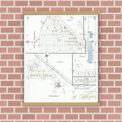 Old map wall art mockup — magnetic wood frame on brick wall — Sanborn Fire Insurance Map from Byesville, Guernsey County, Ohio (1948), Sheet #0007