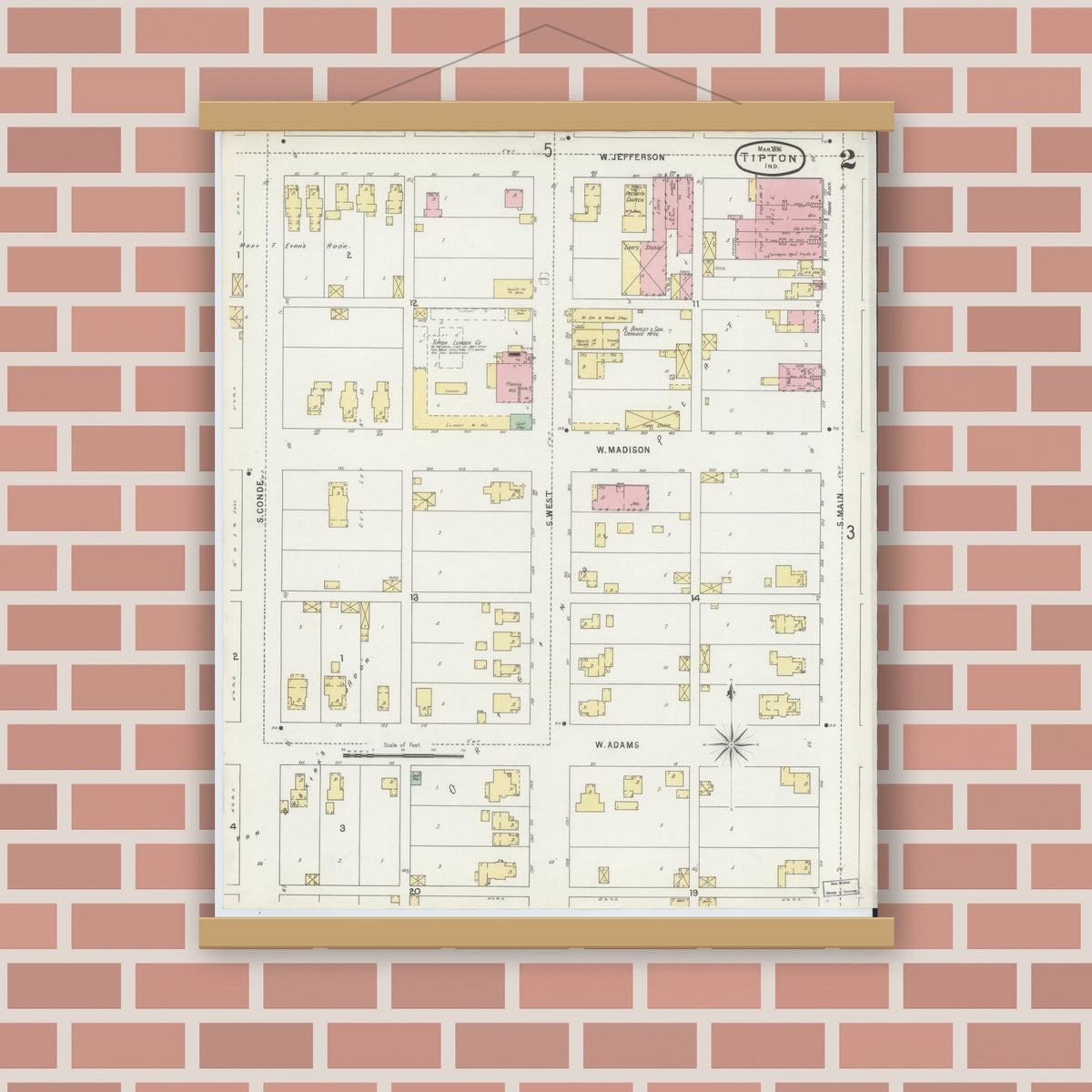 Old map wall art mockup — magnetic wood frame on brick wall — Sanborn Fire Insurance Map from Tipton, Tipton County, Indiana (1896), Sheet #0002
