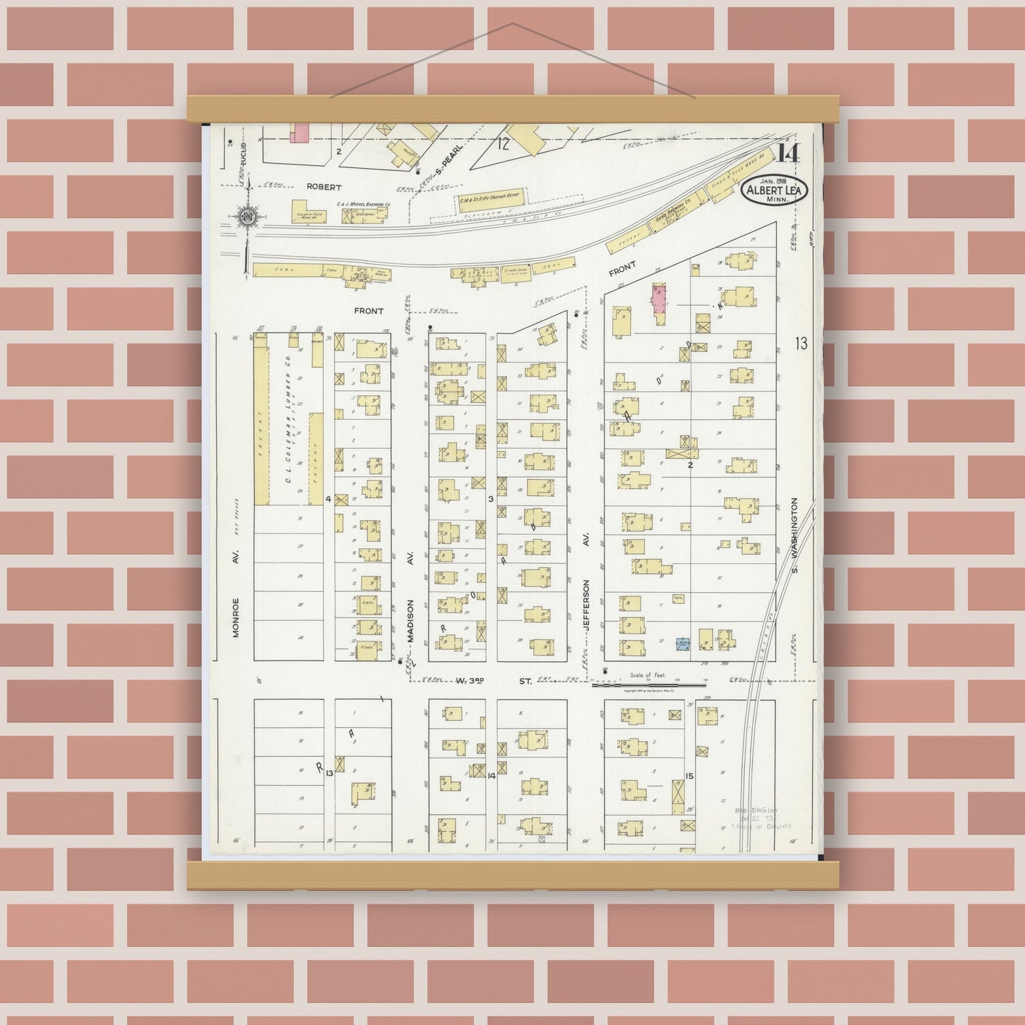 Old map wall art mockup — magnetic wood frame on brick wall — Sanborn Fire Insurance Map from Albert Lea, Freeborn County, Minnesota (1918), Sheet #0014